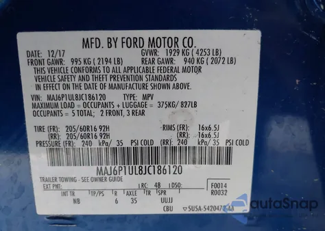 2018 Ford Ecosport Se из США, поврежденный, VIN MAJ6P1UL8JC186120